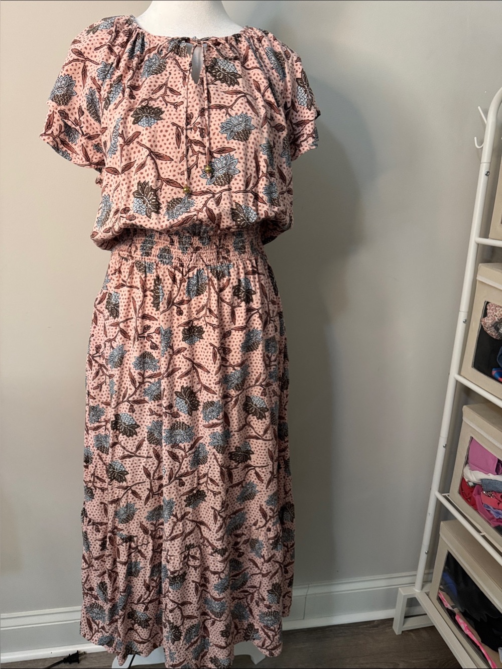Smocked Waist Pink Floral Maxi Dress with Flutter Sleeves